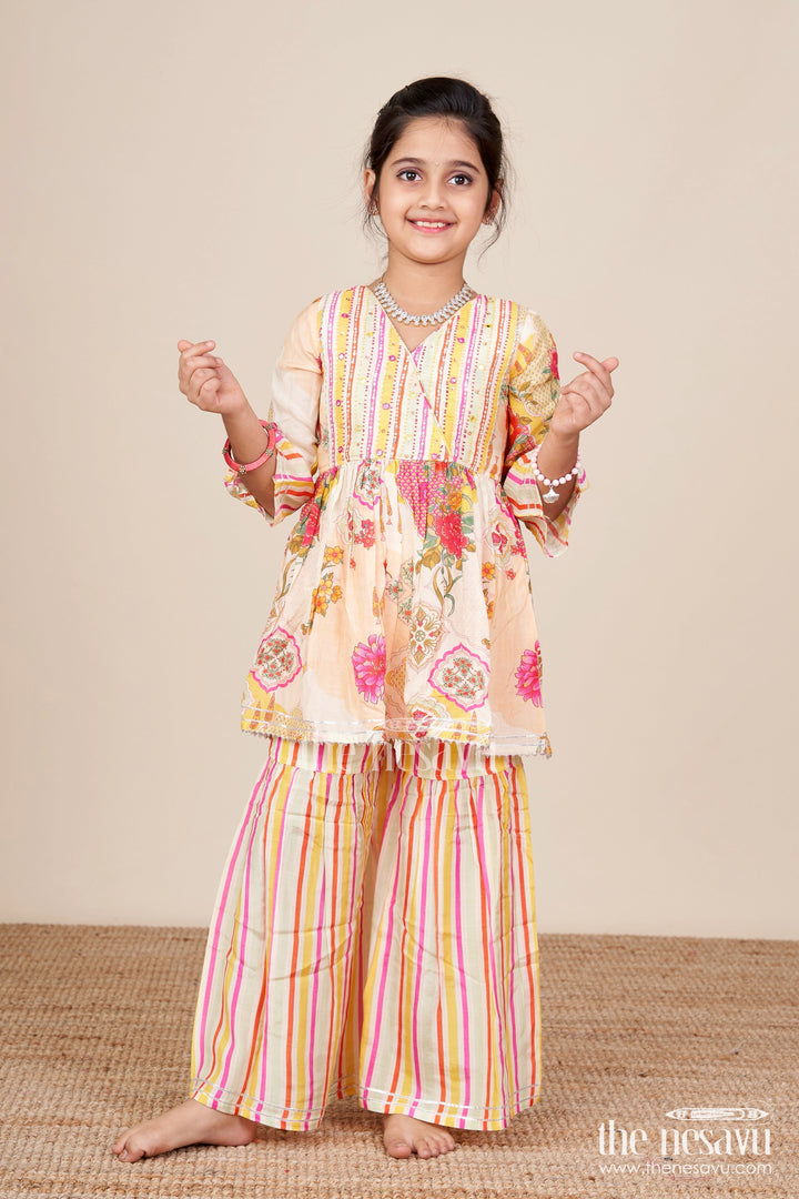 The Nesavu Girls Sharara / Plazo Set Girls Cream Sharara Set with Floral Top for Ethnic Parties and Photoshoots Nesavu 18 (2Y) / Cream GPS855A-18 Nesavu girls cream sharara set floral digital print striped pants  festive party outfit