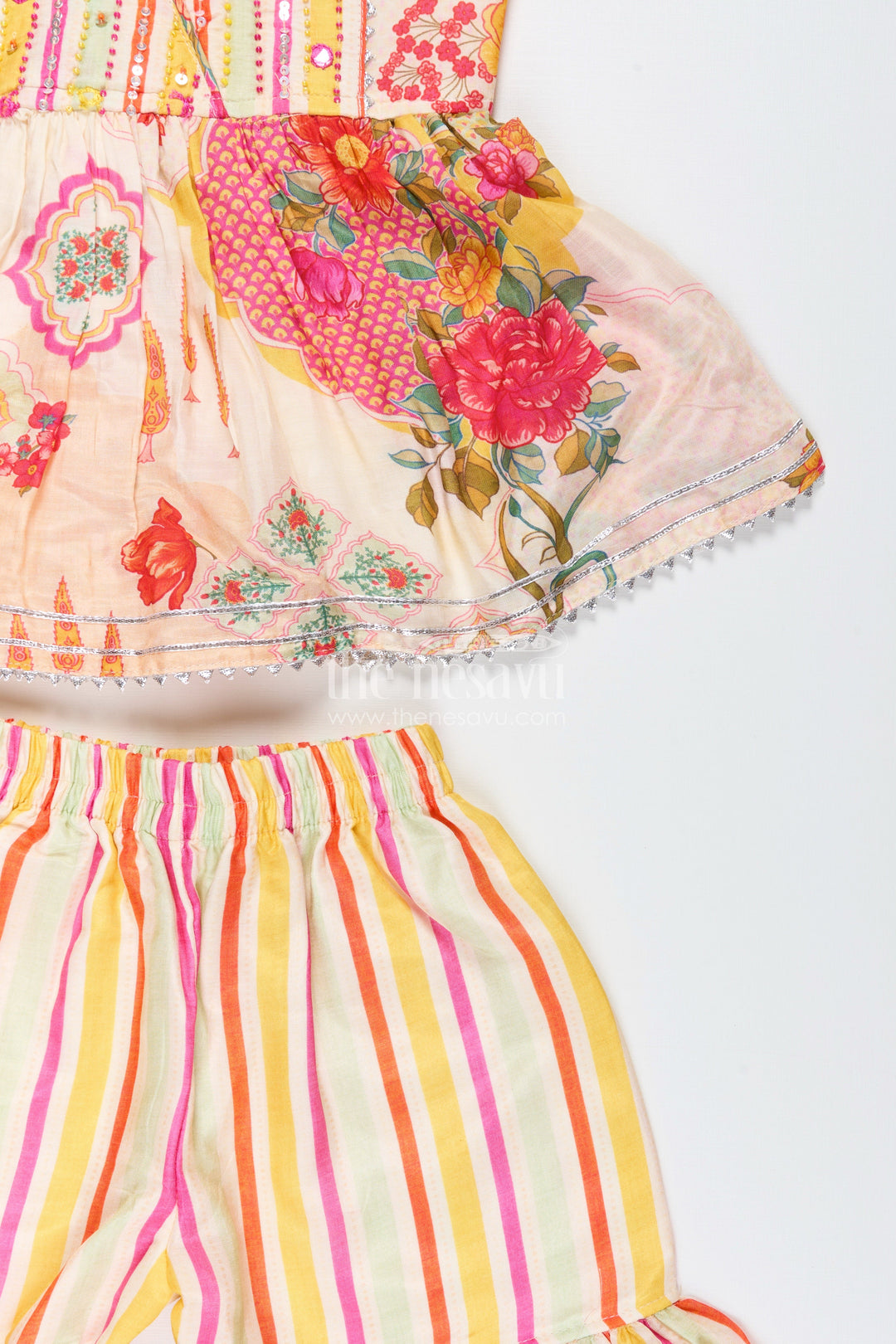 The Nesavu Girls Sharara / Plazo Set Girls cream sharara set with floral top for ethnic parties and photoshoots Nesavu Nesavu girls cream sharara set floral digital print striped pants  festive party outfit