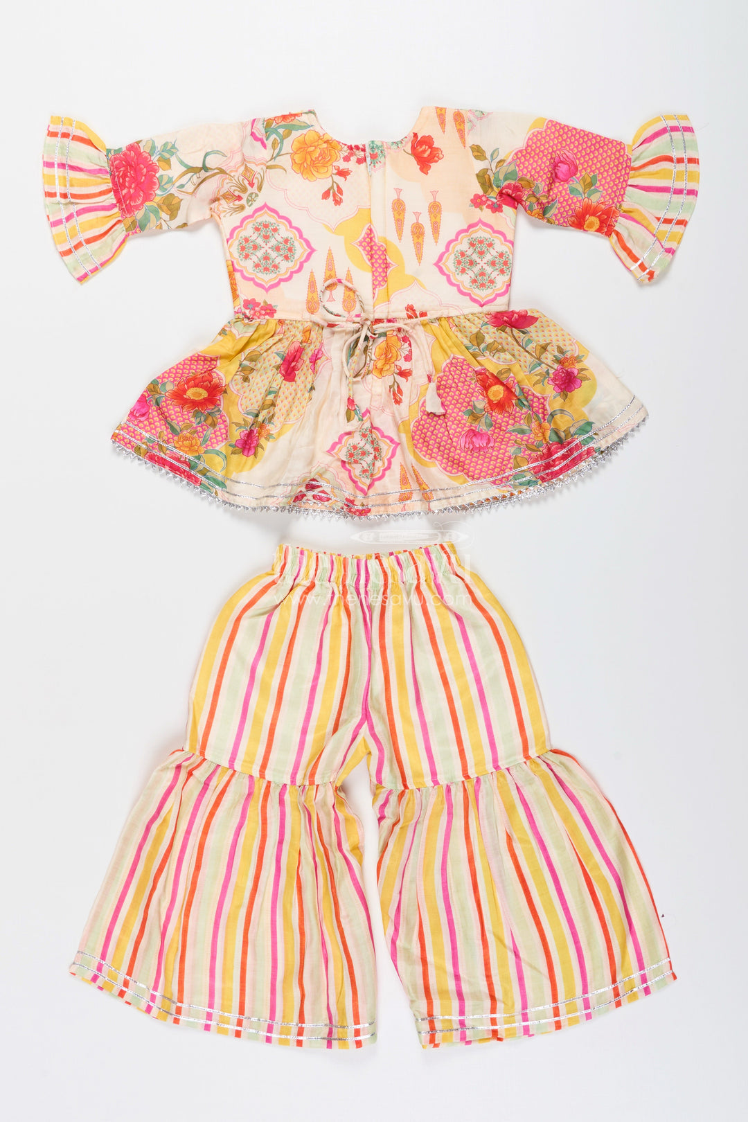 The Nesavu Girls Sharara / Plazo Set Girls cream sharara set with floral top for ethnic parties and photoshoots Nesavu Nesavu girls cream sharara set floral digital print striped pants  festive party outfit