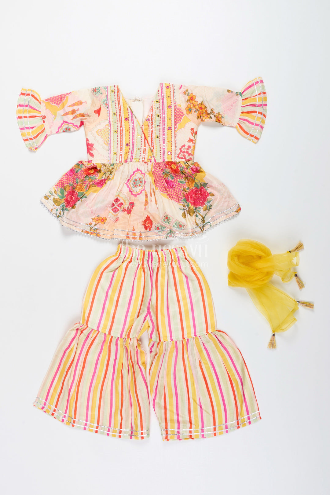 The Nesavu Girls Sharara / Plazo Set Girls cream sharara set with floral top for ethnic parties and photoshoots Nesavu Nesavu girls cream sharara set floral digital print striped pants  festive party outfit