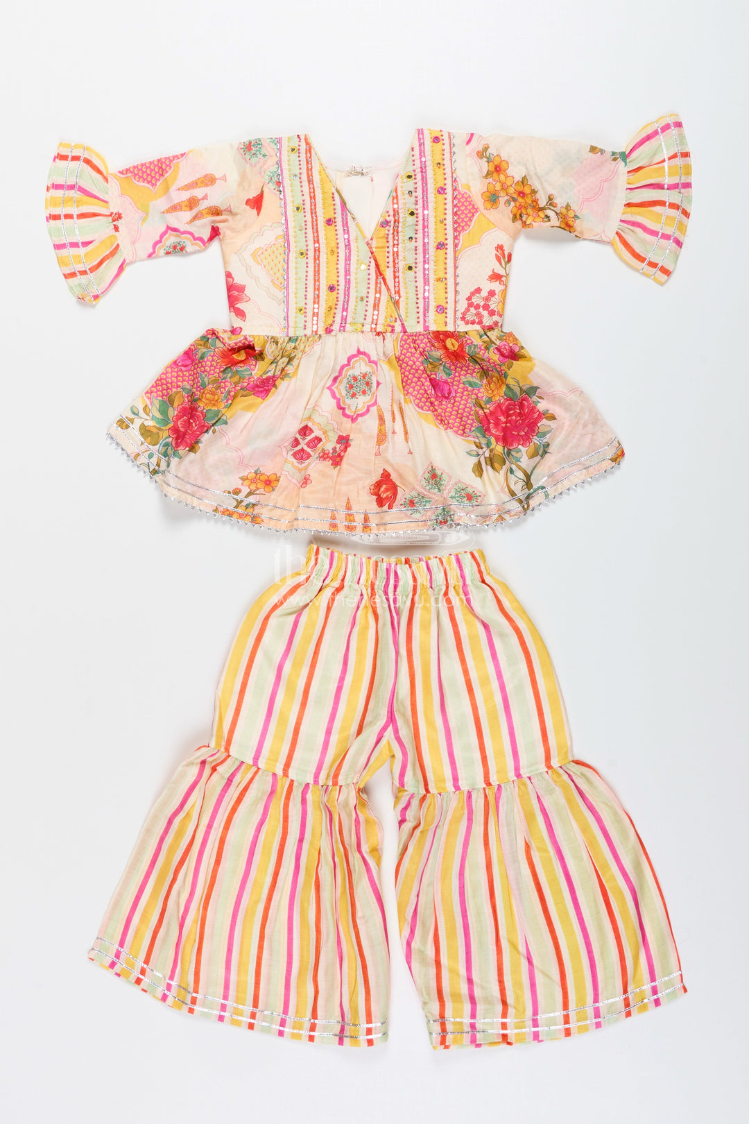 The Nesavu Girls Sharara / Plazo Set Girls cream sharara set with floral top for ethnic parties and photoshoots Nesavu Nesavu girls cream sharara set floral digital print striped pants  festive party outfit