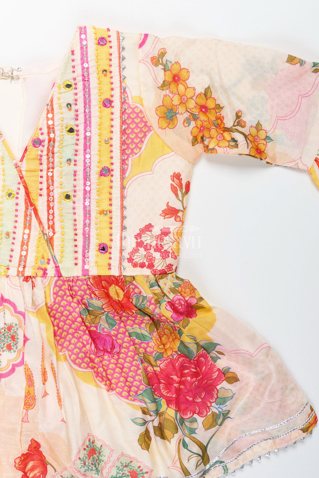 The Nesavu Girls Sharara / Plazo Set Girls cream sharara set with floral top for ethnic parties and photoshoots Nesavu Nesavu girls cream sharara set floral digital print striped pants  festive party outfit