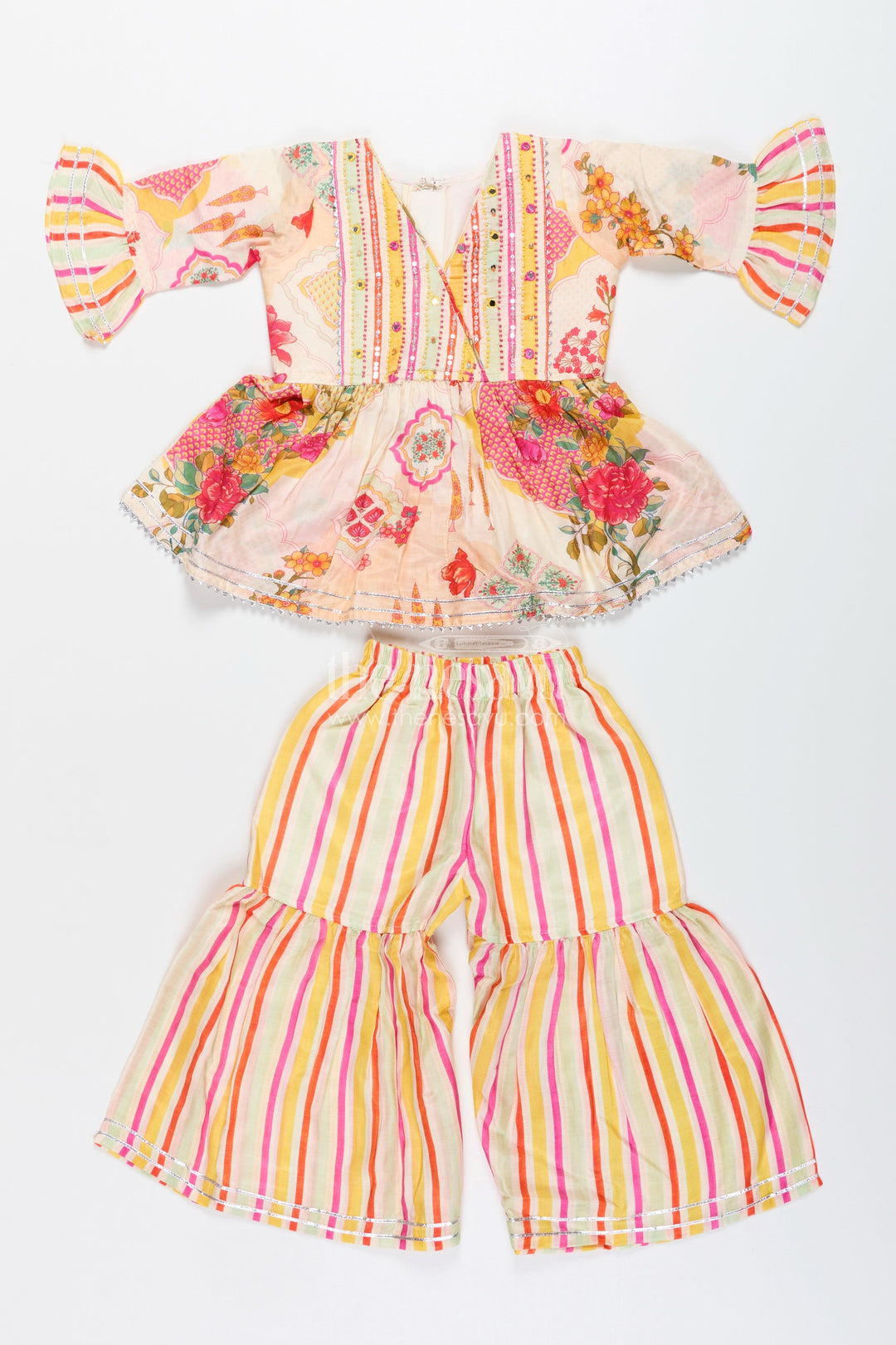 The Nesavu Girls Sharara / Plazo Set Girls cream sharara set with floral top for ethnic parties and photoshoots Nesavu Nesavu girls cream sharara set floral digital print striped pants  festive party outfit
