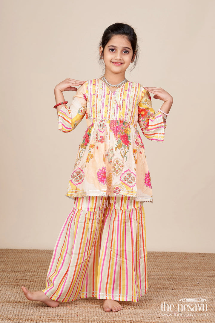 The Nesavu Girls Sharara / Plazo Set Girls Cream Sharara Set with Floral Top for Ethnic Parties and Photoshoots Nesavu Nesavu girls cream sharara set floral digital print striped pants  festive party outfit
