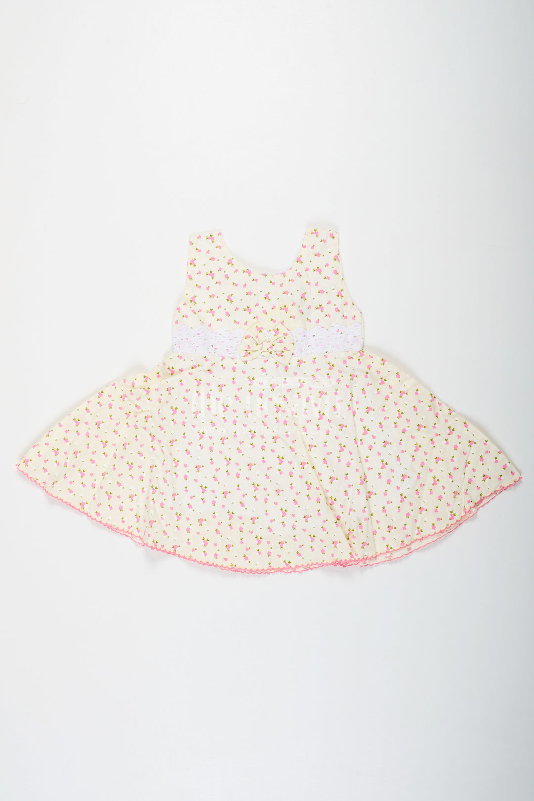 The Nesavu Baby Cotton Frocks Girls Cream Soft Cotton Dresses Online with Allover Floral Print and Lace Bow Waist Detail Nesavu 14 (6M) / Yellow BFJ752A-14 Soft Cotton Dresses Online Girls Allover Floral Print Lace Waist Bow Detail | The Nesavu