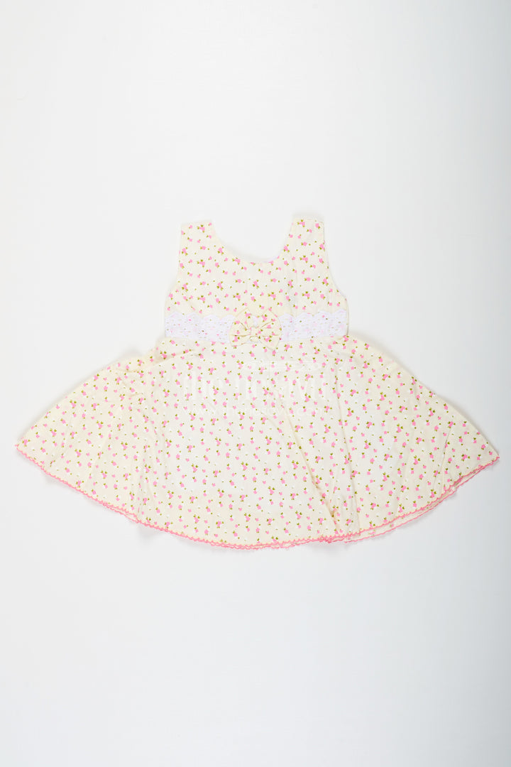 The Nesavu Baby Cotton Frocks Girls Cream Soft Cotton Dresses Online with Allover Floral Print and Lace Bow Waist Detail Nesavu 14 (6M) / Yellow BFJ752A-14 Soft Cotton Dresses Online Girls Allover Floral Print Lace Waist Bow Detail | The Nesavu
