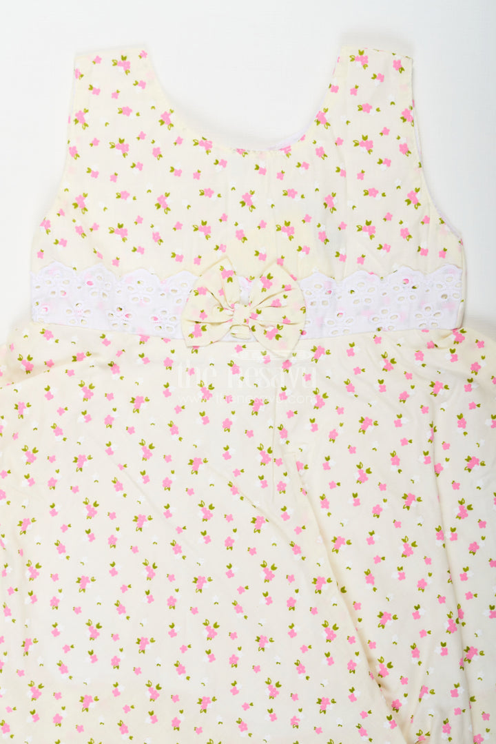 The Nesavu Baby Cotton Frocks Girls Cream Soft Cotton Dresses Online with Allover Floral Print and Lace Bow Waist Detail Nesavu Soft Cotton Dresses Online Girls Allover Floral Print Lace Waist Bow Detail | The Nesavu