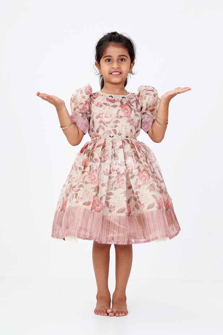 The Nesavu Silk Frock Girls Crimson Silk Dress in Gold Tissue Fabric with Vintage Rose Print and Beaded Waistline Nesavu 16 (1Y) / Peach SF978C-16 Crimson Silk Dress Girls Floral Gold Tissue Fabric Beaded Accents Ombre Hem | The Nesavu
