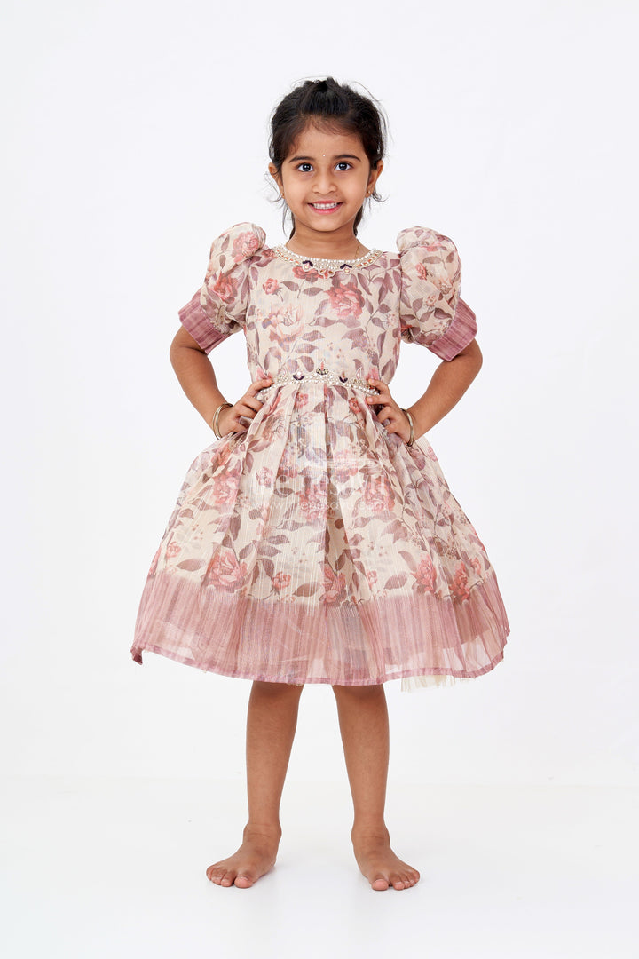 The Nesavu Silk Frock Girls Crimson Silk Dress in Gold Tissue Fabric with Vintage Rose Print and Beaded Waistline Nesavu Crimson Silk Dress Girls Floral Gold Tissue Fabric Beaded Accents Ombre Hem | The Nesavu