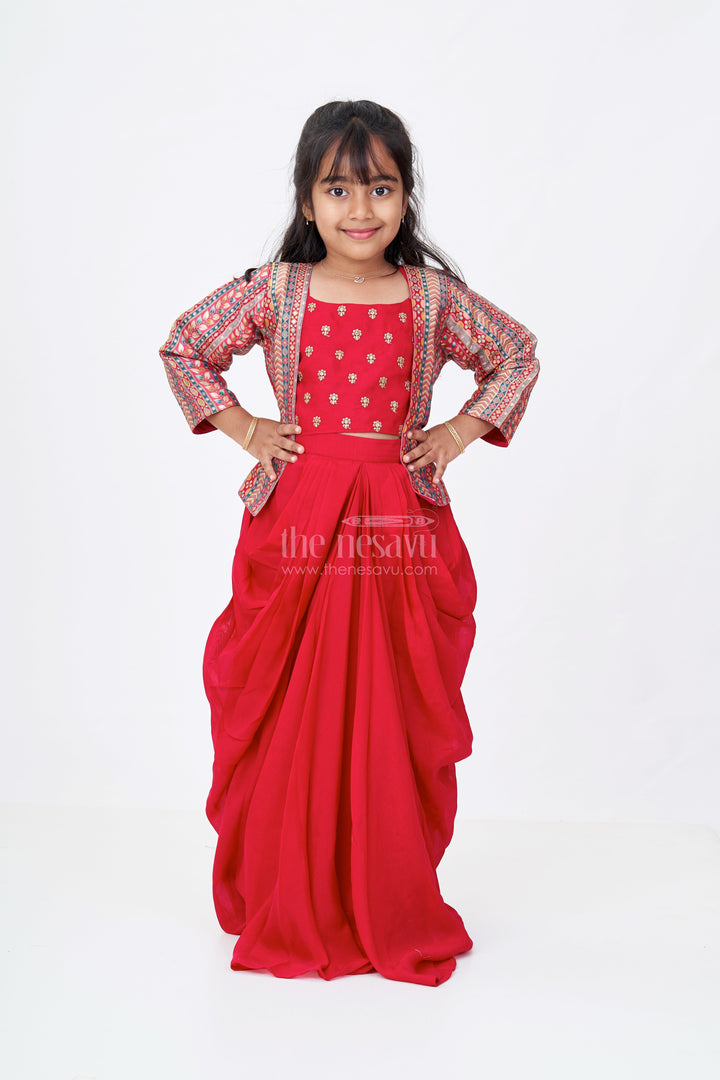 The Nesavu Girls Lehenga Choli Girls Crop Top Lehenga with Jacket in Pure Georgette and Traditional Designer Print Nesavu 24 (5Y) / Pink GL616A-24 Girls Crop Top Lehenga Printed Jacket Pure Georgette Festive Design | The Nesavu