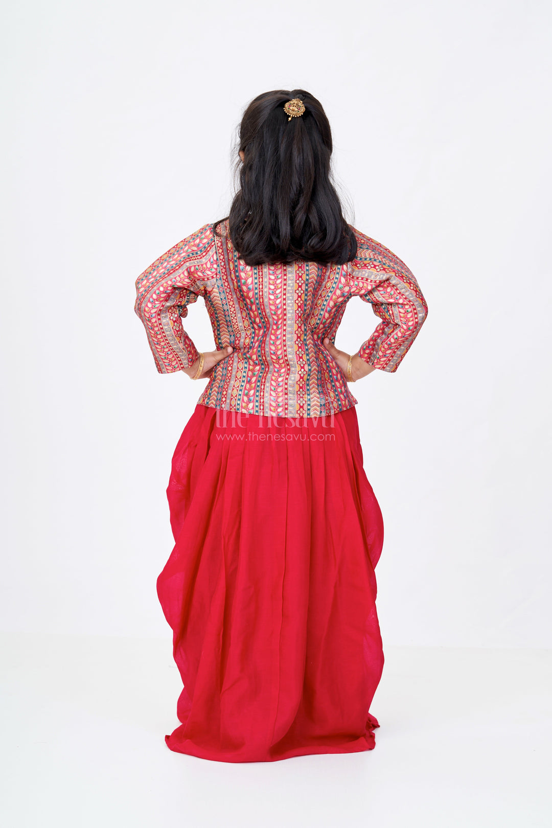 The Nesavu Girls Lehenga Choli Girls Crop Top Lehenga with Jacket in Pure Georgette and Traditional Designer Print Nesavu Girls Crop Top Lehenga Printed Jacket Pure Georgette Festive Design | The Nesavu