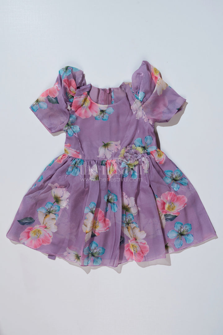 The Nesavu Girls Fancy Frock Girls Cute Casual Chiffon Dress with Lilac Floral Print and Puff Sleeves Nesavu 20 (3Y) / Pink GFC1568B-20 Girls Cute Casual Dress Lilac Floral Print Puff Sleeves | The Nesavu