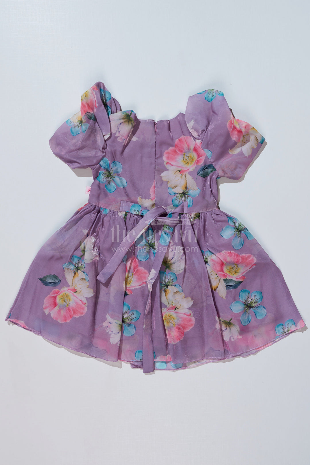 The Nesavu Girls Fancy Frock Girls Cute Casual Chiffon Dress with Lilac Floral Print and Puff Sleeves Nesavu Girls Cute Casual Dress Lilac Floral Print Puff Sleeves | The Nesavu
