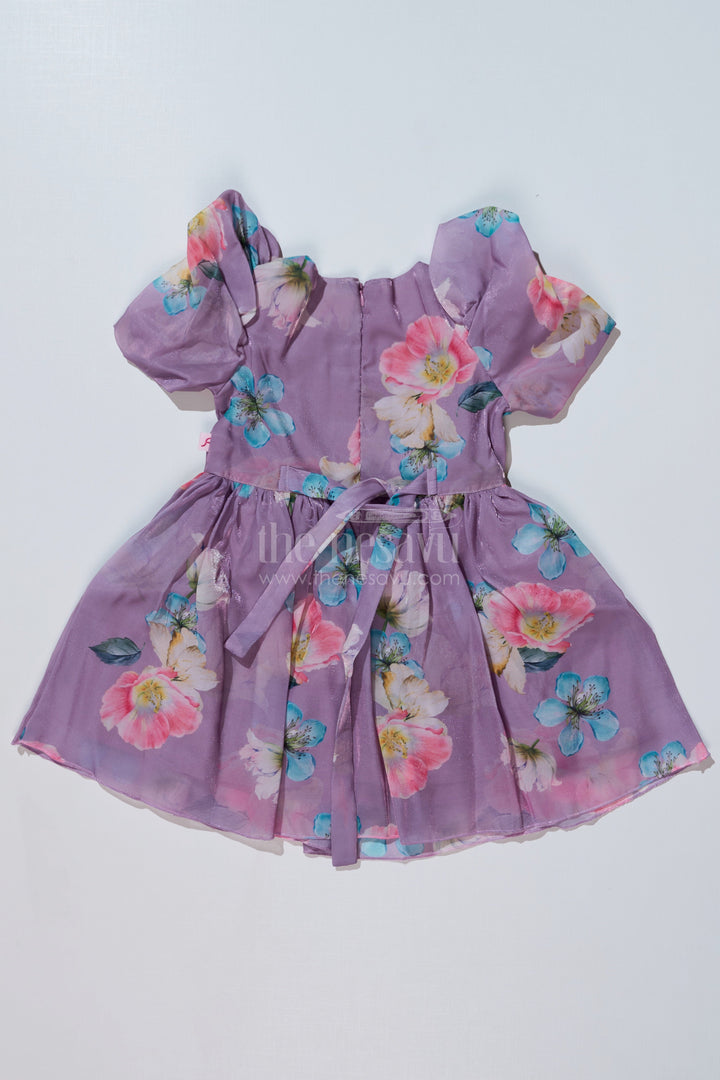 The Nesavu Girls Fancy Frock Girls Cute Casual Chiffon Dress with Lilac Floral Print and Puff Sleeves Nesavu Girls Cute Casual Dress Lilac Floral Print Puff Sleeves | The Nesavu