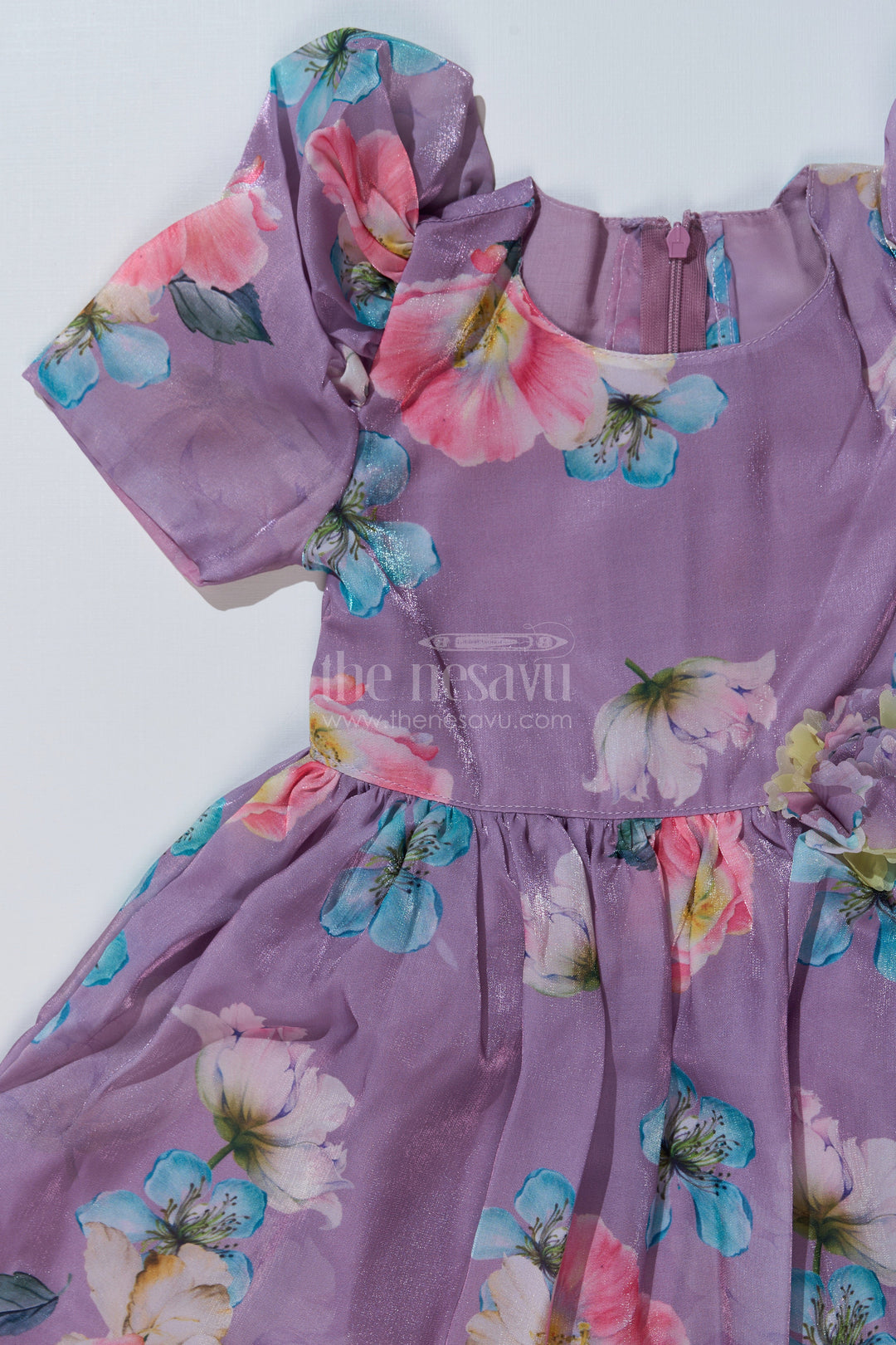 The Nesavu Girls Fancy Frock Girls Cute Casual Chiffon Dress with Lilac Floral Print and Puff Sleeves Nesavu Girls Cute Casual Dress Lilac Floral Print Puff Sleeves | The Nesavu