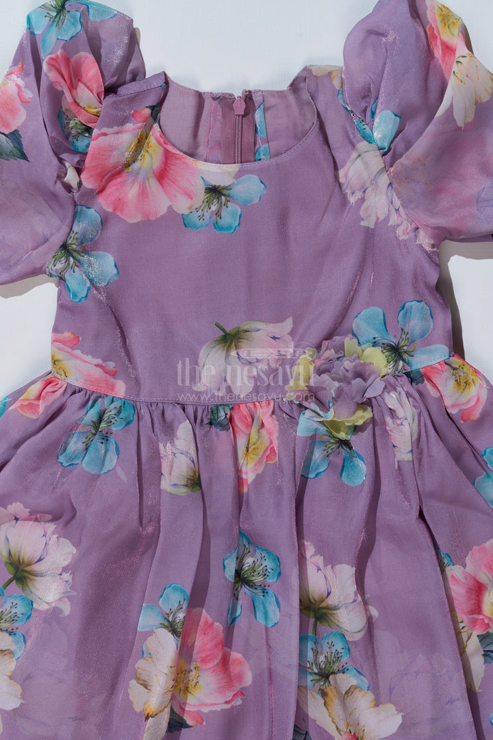 The Nesavu Girls Fancy Frock Girls Cute Casual Chiffon Dress with Lilac Floral Print and Puff Sleeves Nesavu Girls Cute Casual Dress Lilac Floral Print Puff Sleeves | The Nesavu