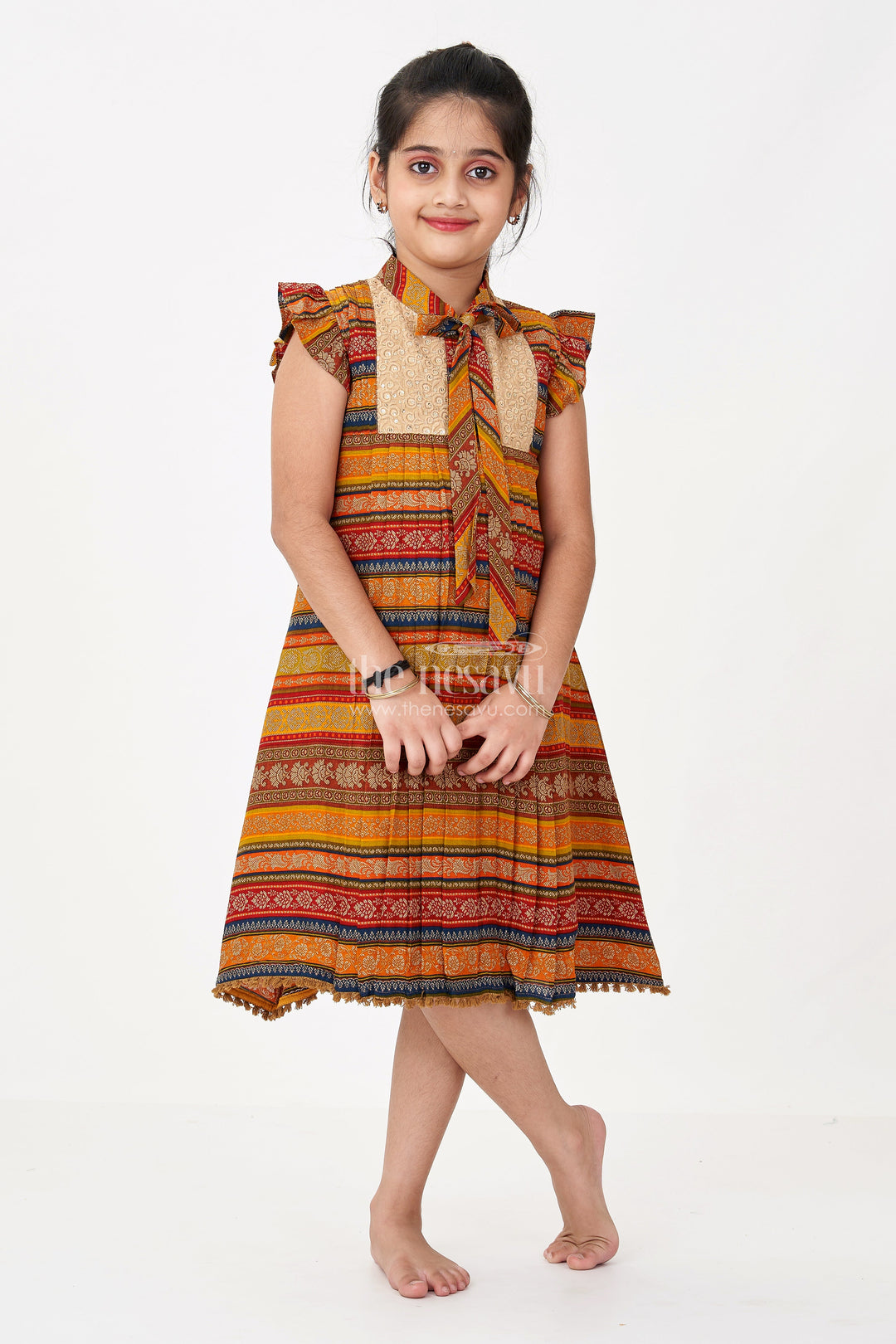 The Nesavu Girls Cotton Frock Girls Cute Cotton Frocks with Ethnic Printed Design and Ruffle Sleeves for a Stylish Look Nesavu 22 (4Y) / Orange GFC1628A-22 Girls Cute Cotton Frocks Ethnic Print Ruffle Sleeves a Stylish Look | The Nesavu