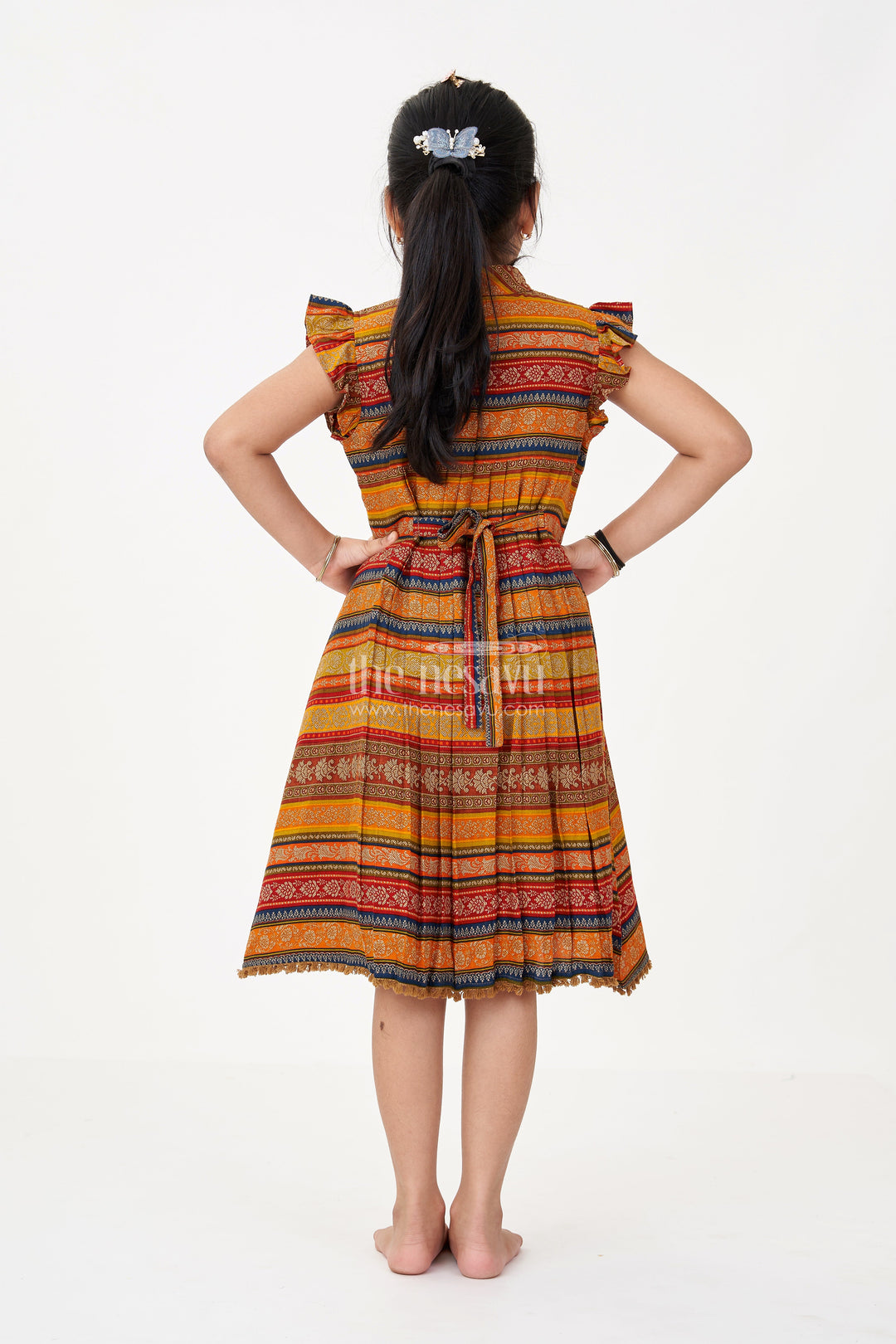 The Nesavu Girls Cotton Frock Girls Cute Cotton Frocks with Ethnic Printed Design and Ruffle Sleeves for a Stylish Look Nesavu Nesavu Girls Cute Cotton Frocks Ethnic Print Ruffle Sleeves a Stylish Look