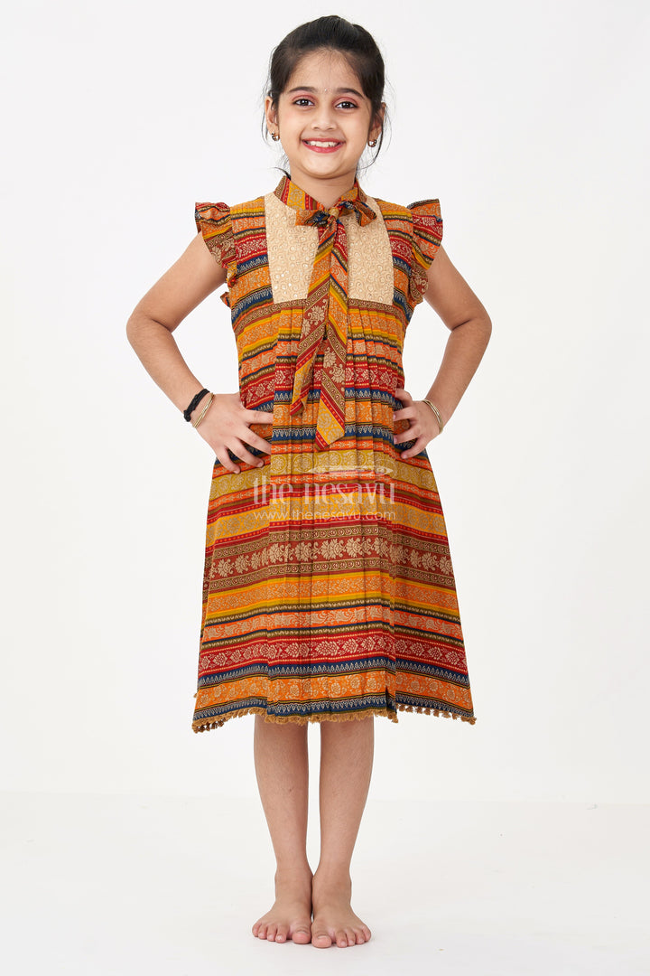 The Nesavu Girls Cotton Frock Girls Cute Cotton Frocks with Ethnic Printed Design and Ruffle Sleeves for a Stylish Look Nesavu Nesavu Girls Cute Cotton Frocks Ethnic Print Ruffle Sleeves a Stylish Look