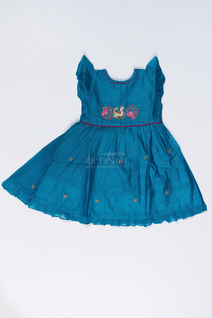 The Nesavu Girls Chanderi Frock Girls Cute Frock with Swan Embroidery and Chanderi Cotton Fabric for Festive Wear Nesavu 16 (1Y) / Teal GFC1650A-16 Girls Cute Frock Swan Embroidery Chanderi Cotton Fabric Special Occasions | The Nesavu