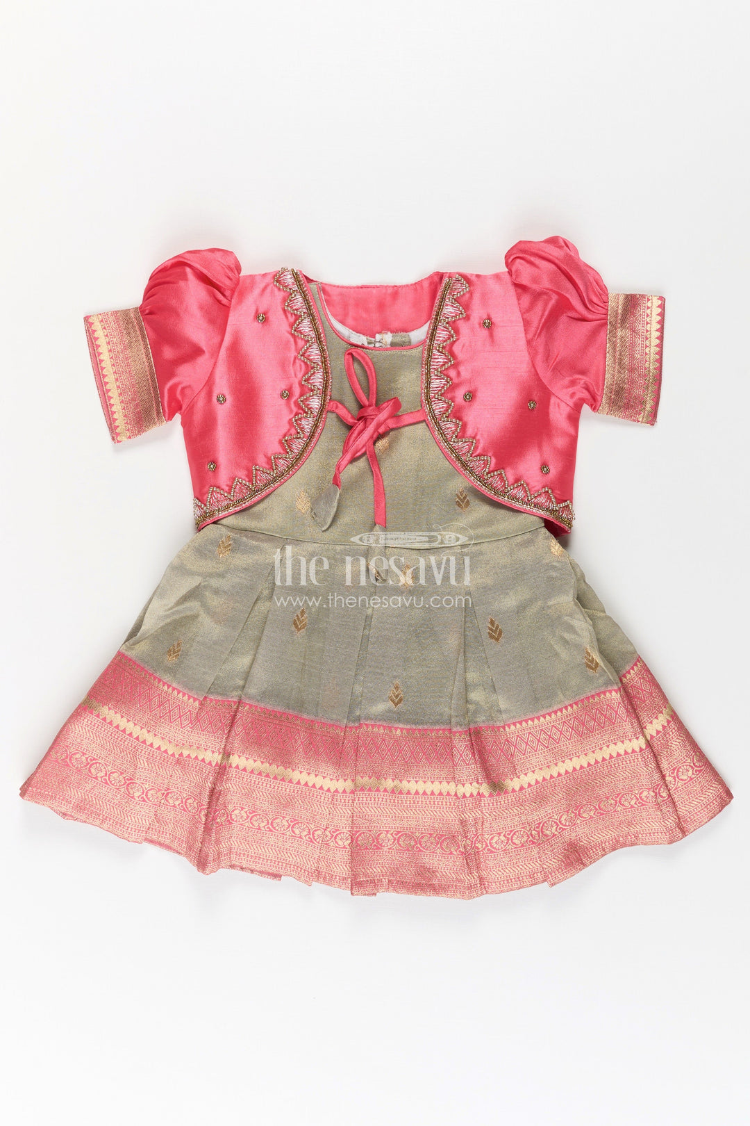 The Nesavu Silk Party Frock Girls Cute Newborn Dresses in Silk with Designer Pink Jacket and Green Pleated Zari Skirt Nesavu 16 (1Y) / Pink SF1004A-16 Girls Cute Newborn Dresses Green Pink Silk Jacket Zari Embroidered Skirt | The Nesavu