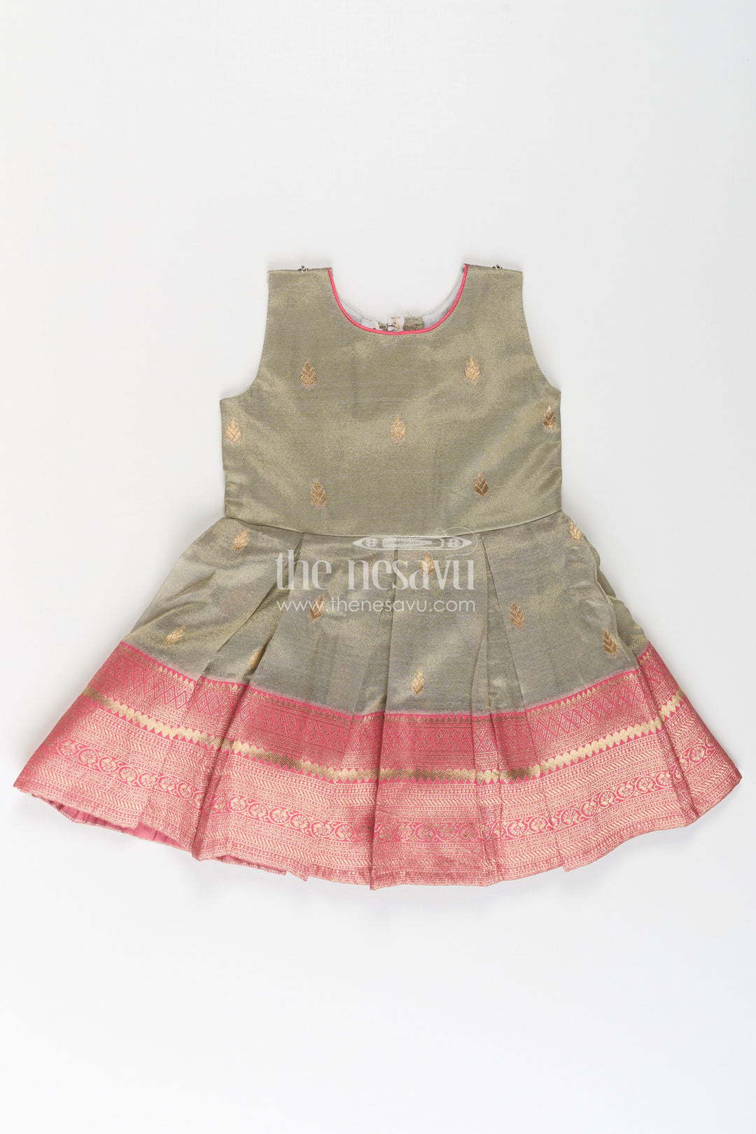 The Nesavu Silk Party Frock Girls Cute Newborn Dresses in Silk with Designer Pink Jacket and Green Pleated Zari Skirt Nesavu Girls Cute Newborn Dresses Green Pink Silk Jacket Zari Embroidered Skirt | The Nesavu