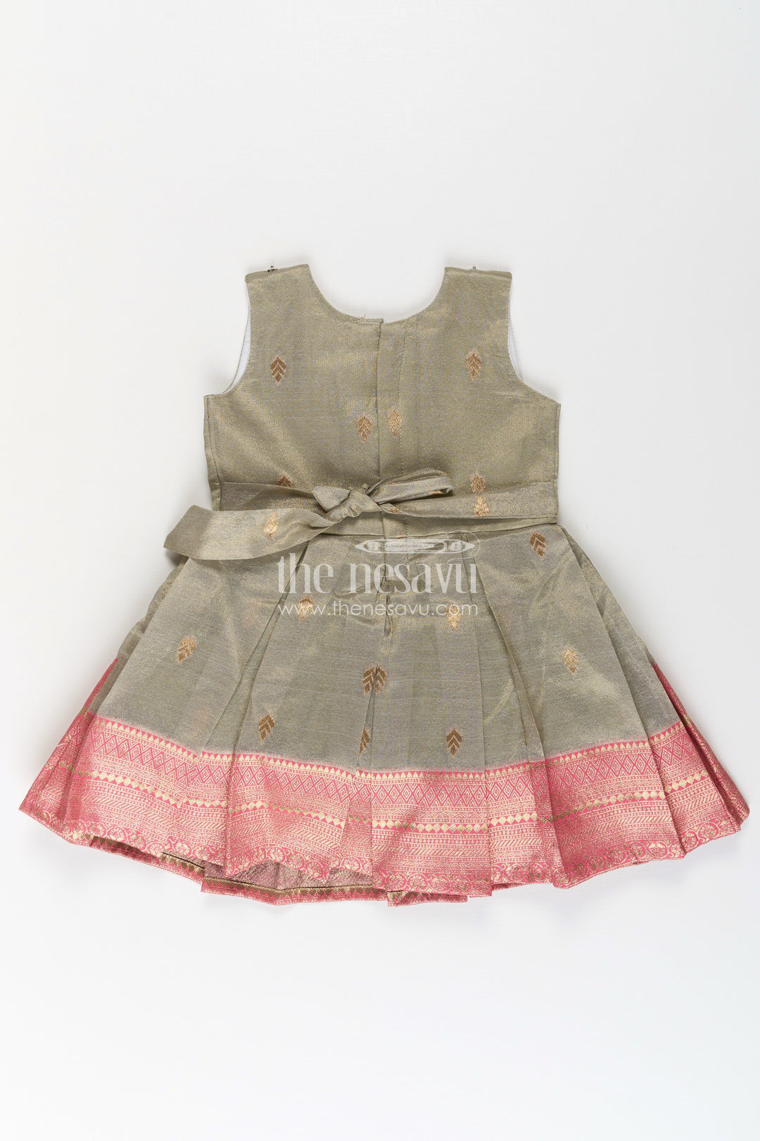 The Nesavu Silk Party Frock Girls Cute Newborn Dresses in Silk with Designer Pink Jacket and Green Pleated Zari Skirt Nesavu Girls Cute Newborn Dresses Green Pink Silk Jacket Zari Embroidered Skirt | The Nesavu