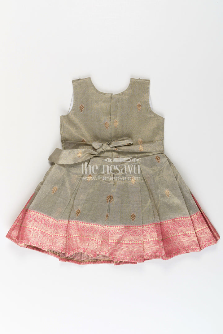 The Nesavu Silk Party Frock Girls Cute Newborn Dresses in Silk with Designer Pink Jacket and Green Pleated Zari Skirt Nesavu Girls Cute Newborn Dresses Green Pink Silk Jacket Zari Embroidered Skirt | The Nesavu