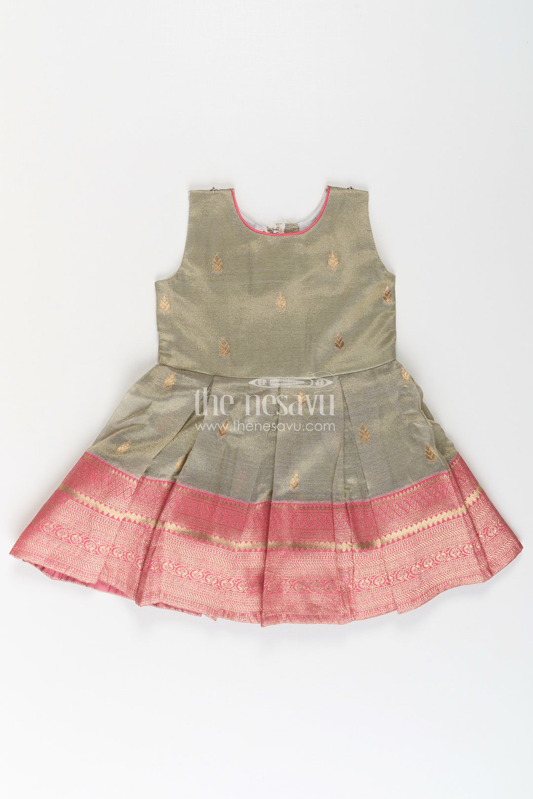 The Nesavu Silk Party Frock Girls Cute Newborn Dresses in Silk with Designer Pink Jacket and Green Pleated Zari Skirt Nesavu Girls Cute Newborn Dresses Green Pink Silk Jacket Zari Embroidered Skirt | The Nesavu