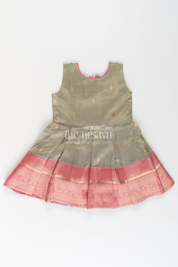 The Nesavu Silk Party Frock Girls Cute Newborn Dresses in Silk with Designer Pink Jacket and Green Pleated Zari Skirt Nesavu Girls Cute Newborn Dresses Green Pink Silk Jacket Zari Embroidered Skirt | The Nesavu