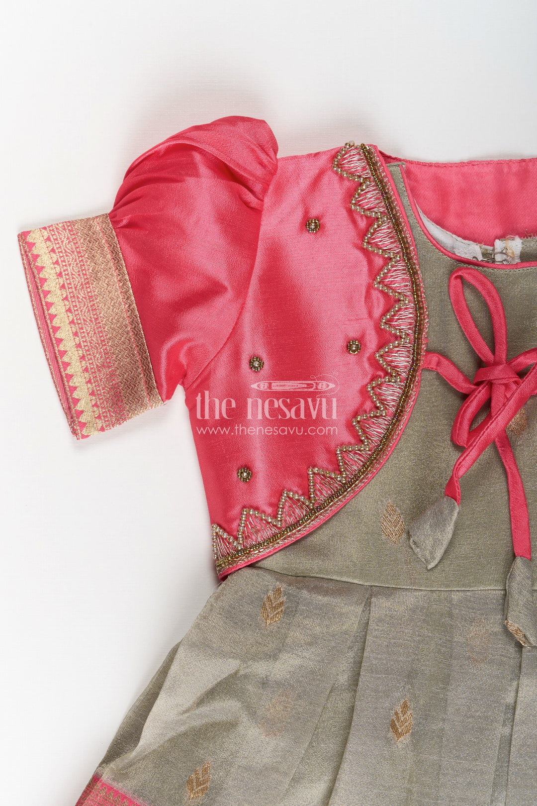 The Nesavu Silk Party Frock Girls Cute Newborn Dresses in Silk with Designer Pink Jacket and Green Pleated Zari Skirt Nesavu Girls Cute Newborn Dresses Green Pink Silk Jacket Zari Embroidered Skirt | The Nesavu