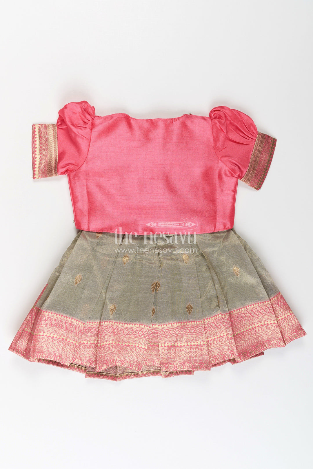 The Nesavu Silk Party Frock Girls Cute Newborn Dresses in Silk with Designer Pink Jacket and Green Pleated Zari Skirt Nesavu Girls Cute Newborn Dresses Green Pink Silk Jacket Zari Embroidered Skirt | The Nesavu