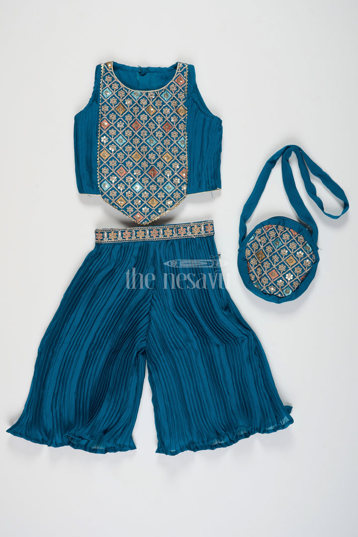 The Nesavu Girls Sharara / Plazo Set Girls Dark Blue Chinon Palazzo Set with Embroidered Designer Yoke and Matching Purse in Dark Blue Palazzo Suits Style Nesavu 16 (1Y) / Blue GPS386B-16 Nesavu Girls Dark Blue Chinon Palazzo Set Embroidered Yoke Matching Purse dark blue palazzo suits