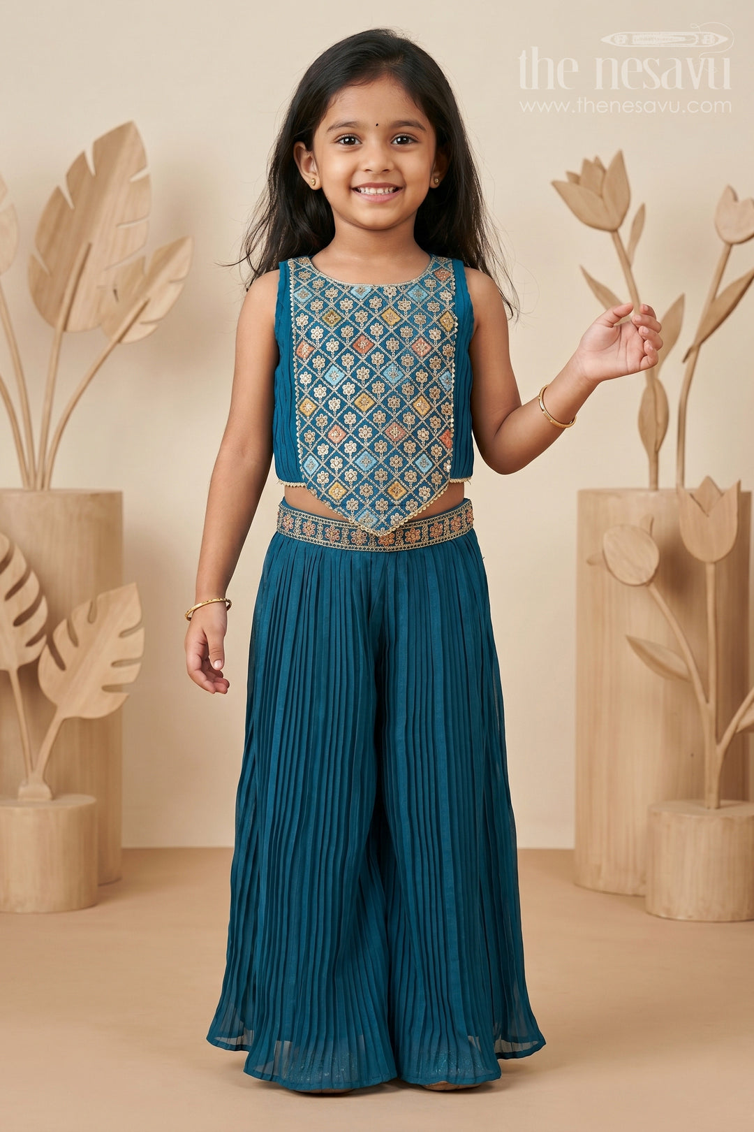 The Nesavu Girls Sharara / Plazo Set Girls Dark Blue Chinon Palazzo Set with Embroidered Designer Yoke and Matching Purse in Dark Blue Palazzo Suits Style Nesavu 16 (1Y) / Blue GPS386B-16 Nesavu Girls Dark Blue Chinon Palazzo Set Embroidered Yoke Matching Purse dark blue palazzo suits