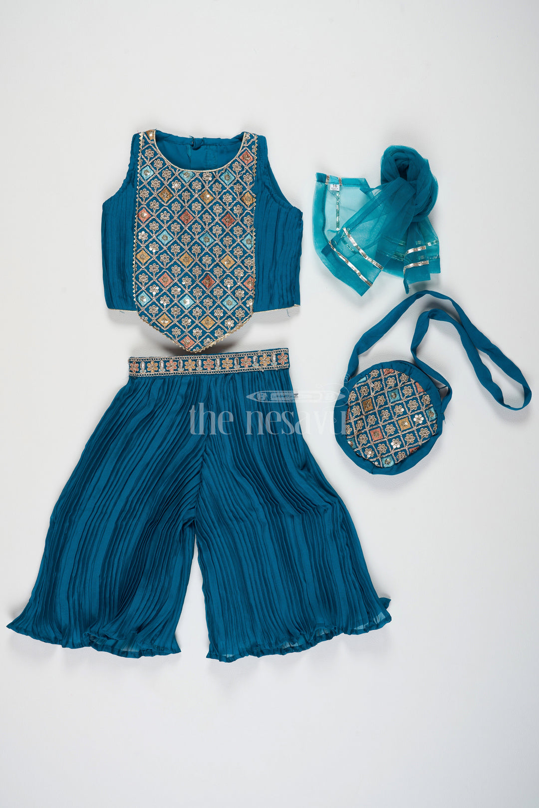 The Nesavu Girls Sharara / Plazo Set Girls Dark Blue Chinon Palazzo Set with Embroidered Designer Yoke and Matching Purse in Dark Blue Palazzo Suits Style Nesavu Nesavu Girls Dark Blue Chinon Palazzo Set Embroidered Yoke Matching Purse dark blue palazzo suits