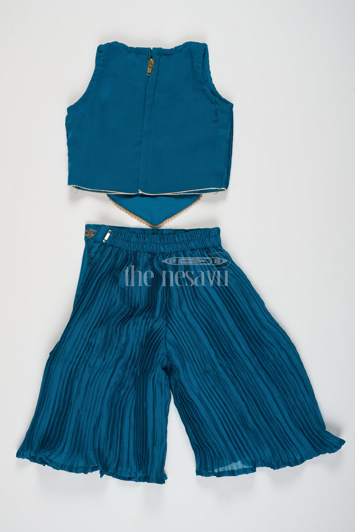 The Nesavu Girls Sharara / Plazo Set Girls Dark Blue Chinon Palazzo Set with Embroidered Designer Yoke and Matching Purse in Dark Blue Palazzo Suits Style Nesavu Nesavu Girls Dark Blue Chinon Palazzo Set Embroidered Yoke Matching Purse dark blue palazzo suits