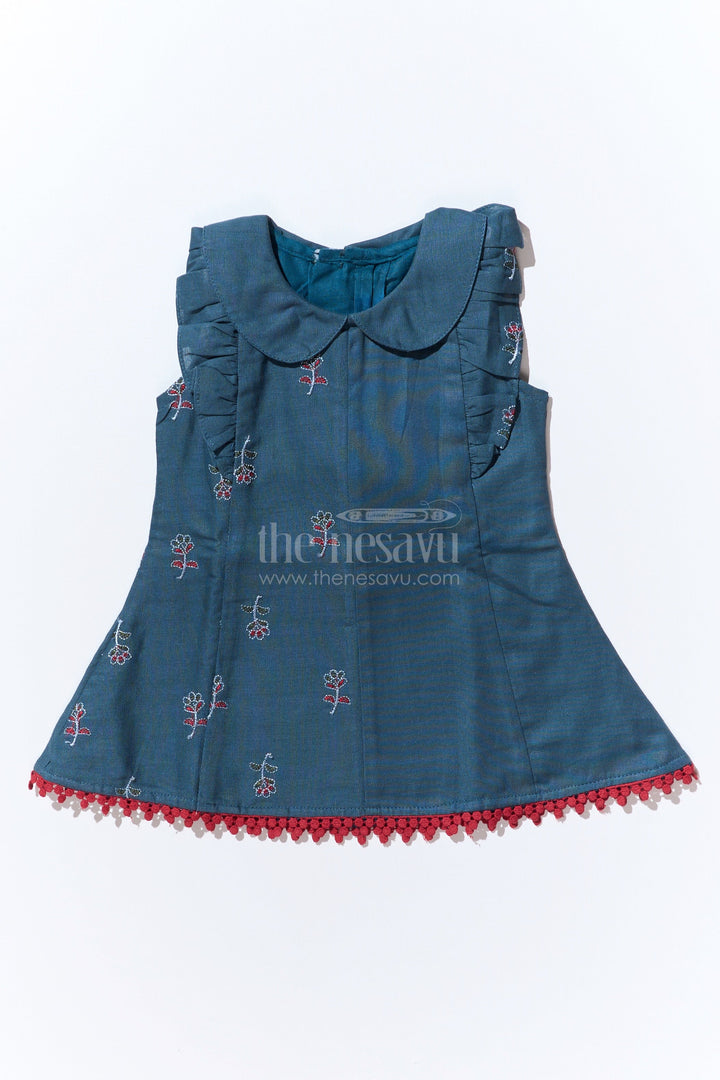 The Nesavu Girls Cotton Frock Girls Dark Green Frock in Cotton with Embroidered Floral Motifs and Peter Pan Collar Nesavu 14 (6M) / Green GFC1635A-14 Girls Dark Green Frock Cotton Embroidered Floral Motifs Peter Pan Collar | The Nesavu