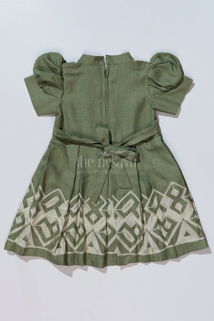 The Nesavu Girls Cotton Frock Girls Dark Green Holiday Dress with Elegant Embroidery and Puff Sleeves Nesavu Girls Dark Green Holiday Dress Embroidery Puff Sleeves Festive Wear | The Nesavu