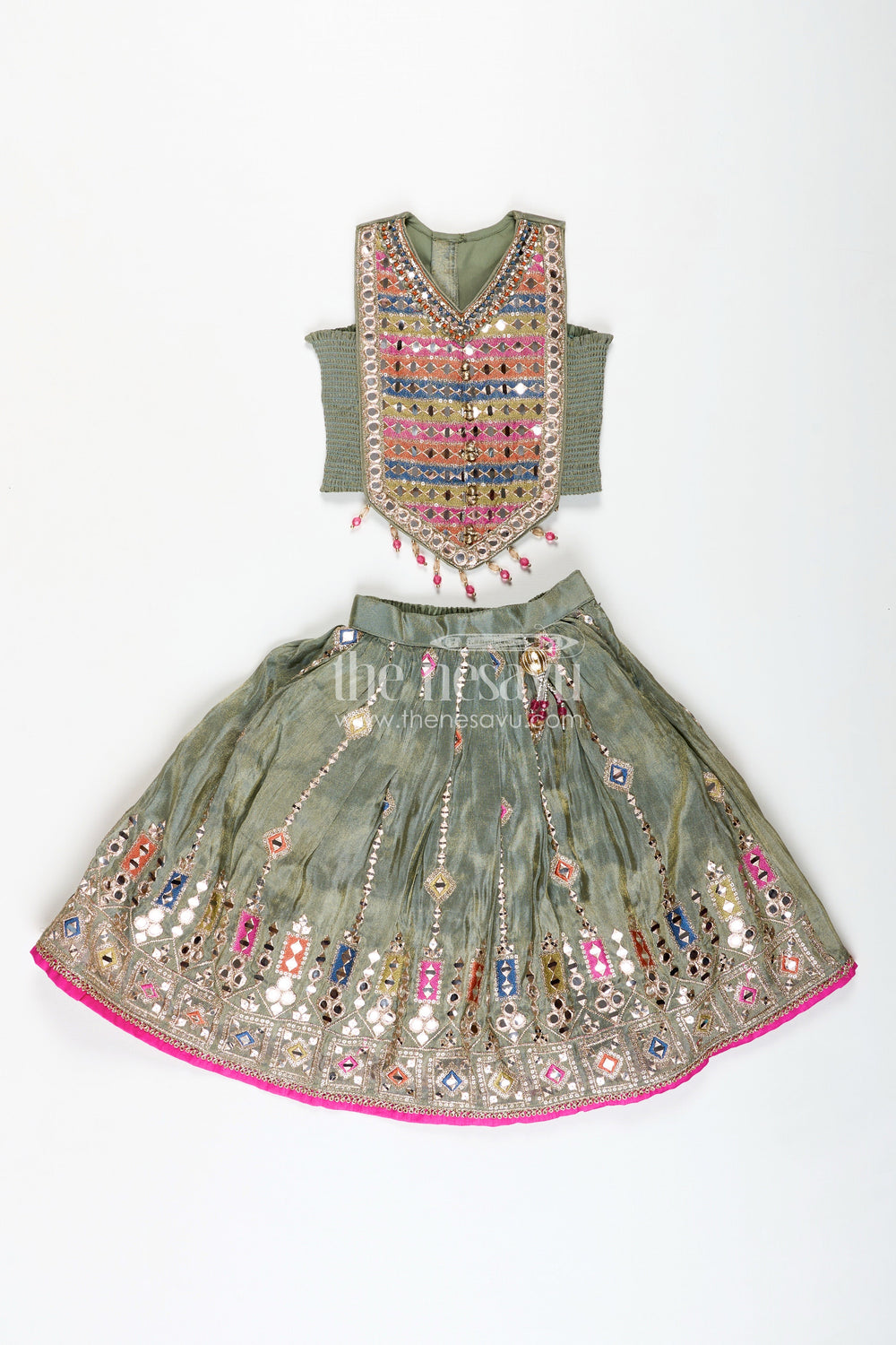 The Nesavu Girls Lehenga Choli Girls Dark Olive Green Lehenga Set with Mirror Embroidery and Dupatta in Traditional Dark Olive Green Lehenga Style Nesavu 16 (1Y) / Green GL610A-16 Nesavu Girls Dark Olive Green Lehenga Choli Set Mirror Work Festive dark olive green lehenga Design
