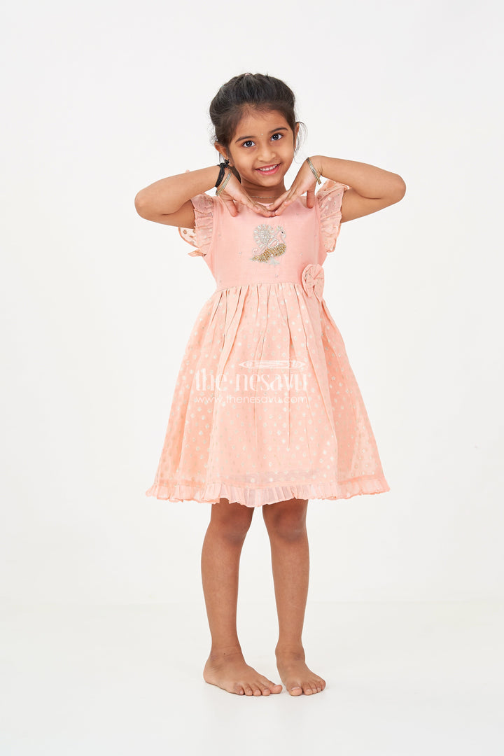 The Nesavu Girls Chanderi Frock Girls Dark Peach Colour Frock in Chanderi with Thread Embroidered Peacock and Frilled Hem Design Nesavu 16 (1Y) / Peach GFC1721A-16 Girls dark peach colour frock Chanderi Peacock Embroidery Gold Motif Detailing | The Nesavu