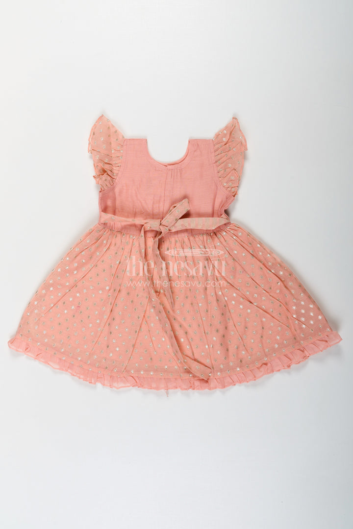 The Nesavu Girls Chanderi Frock Girls Dark Peach Colour Frock in Chanderi with Thread Embroidered Peacock and Frilled Hem Design Nesavu Girls dark peach colour frock Chanderi Peacock Embroidery Gold Motif Detailing | The Nesavu