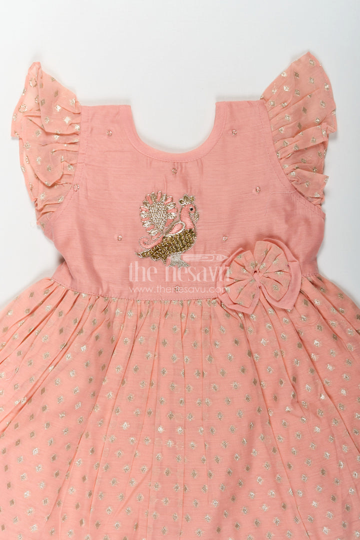 The Nesavu Girls Chanderi Frock Girls Dark Peach Colour Frock in Chanderi with Thread Embroidered Peacock and Frilled Hem Design Nesavu Girls dark peach colour frock Chanderi Peacock Embroidery Gold Motif Detailing | The Nesavu