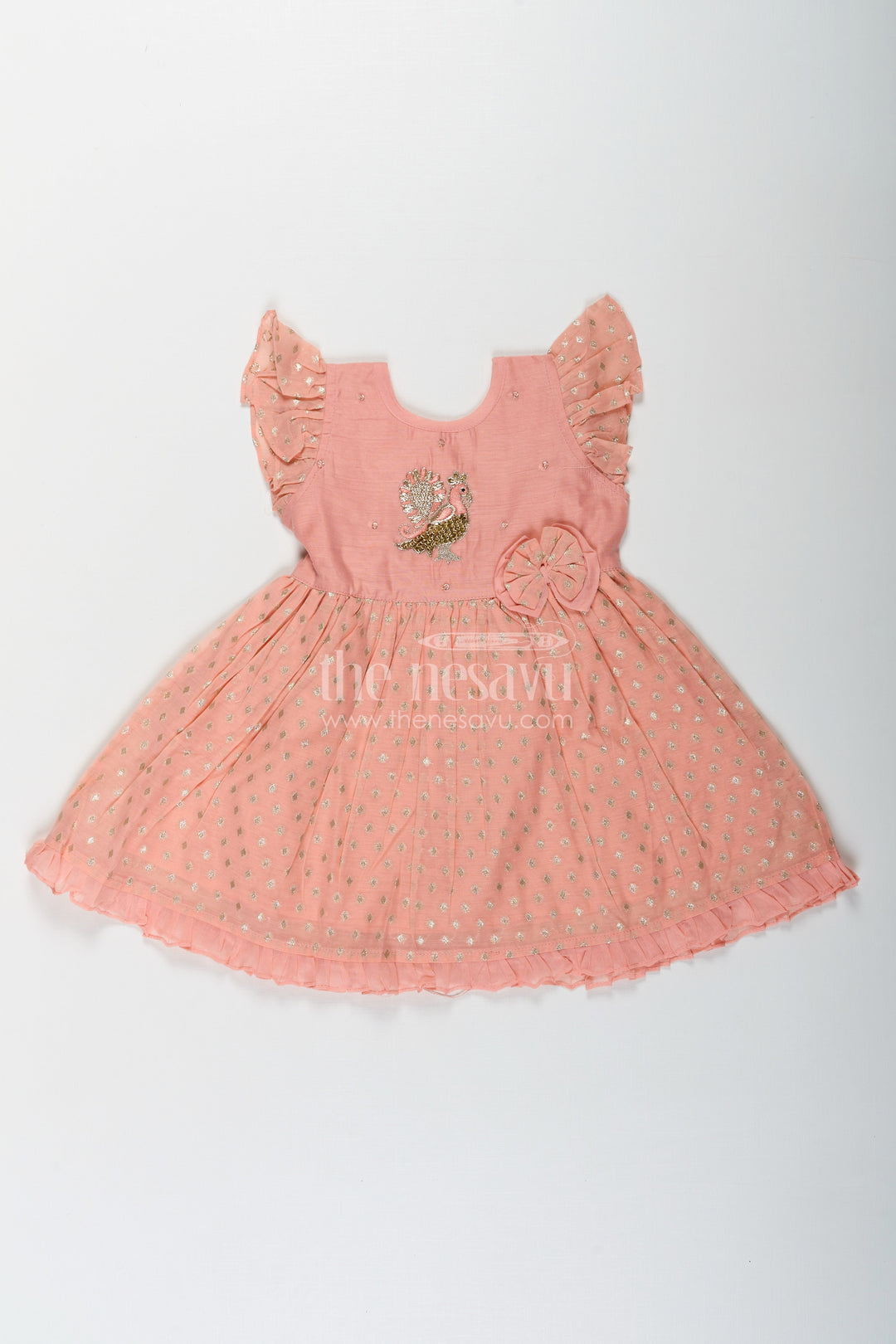 The Nesavu Girls Chanderi Frock Girls Dark Peach Colour Frock in Chanderi with Thread Embroidered Peacock and Frilled Hem Design Nesavu Girls dark peach colour frock Chanderi Peacock Embroidery Gold Motif Detailing | The Nesavu