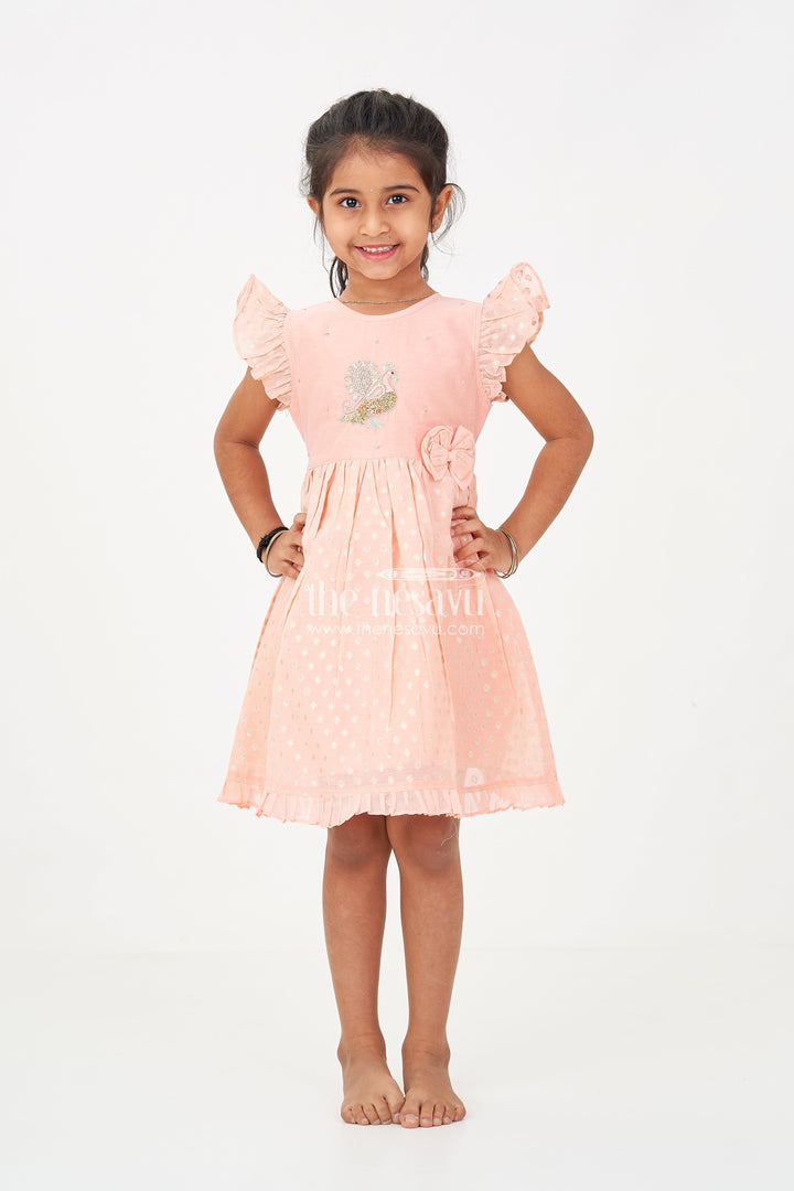 The Nesavu Girls Chanderi Frock Girls Dark Peach Colour Frock in Chanderi with Thread Embroidered Peacock and Frilled Hem Design Nesavu Girls dark peach colour frock Chanderi Peacock Embroidery Gold Motif Detailing | The Nesavu