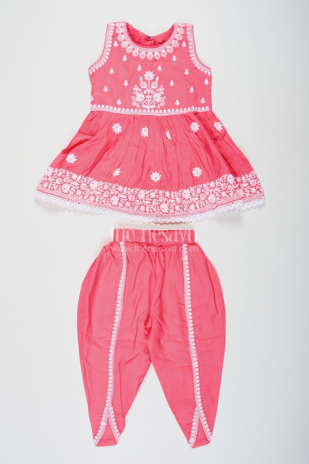 The Nesavu Girls Dothi Sets Girls Dark Pink Sharara Set with Rayon Thread Embroidery and White Dupatta for Ethnic Charm Nesavu 18 (2Y) / Pink GPS601A-18 Girls dark pink sharara Set White Thread Embroidery Dupatta Festive Elegance | The Nesavu