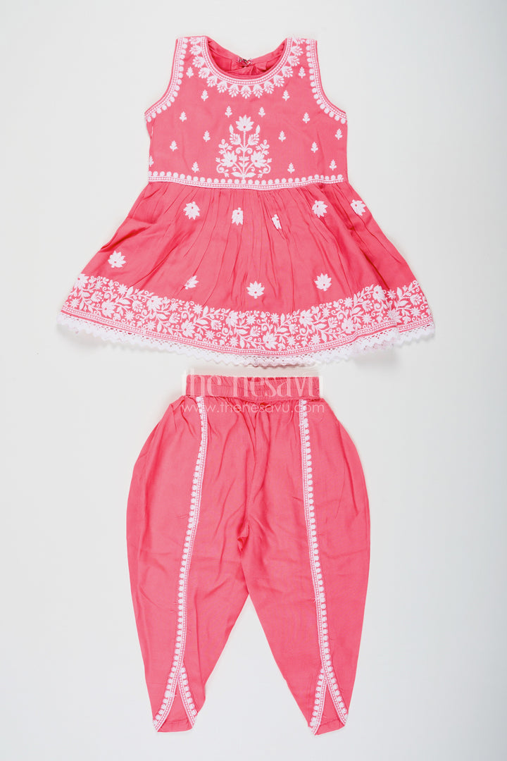 The Nesavu Girls Dothi Sets Girls dark pink sharara Set with Rayon Thread Embroidery and White Dupatta for Ethnic Charm Nesavu 18 (2Y) / Pink GPS601A-18 Nesavu Girls dark pink sharara Set White Thread Embroidery Dupatta Festive Elegance