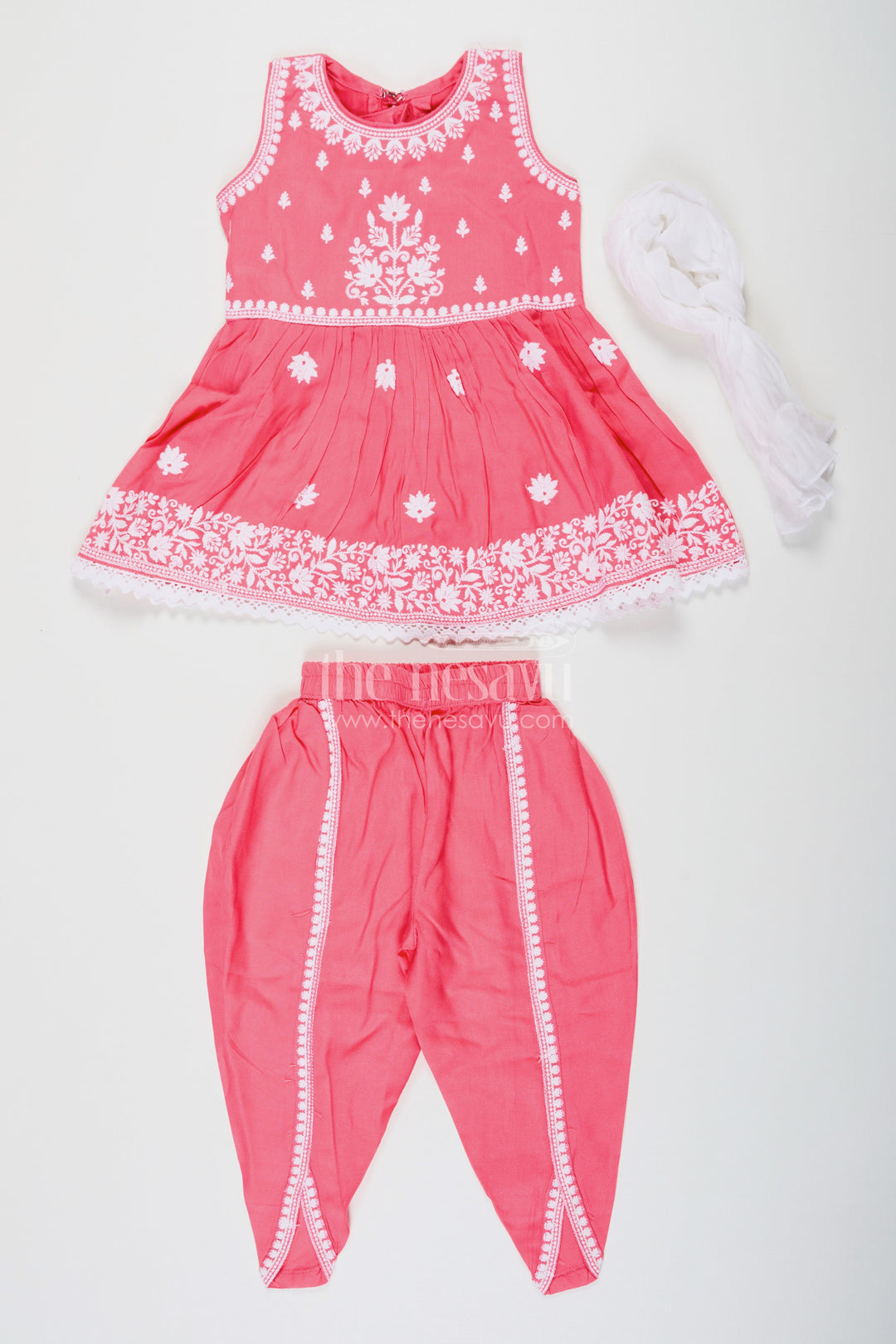 The Nesavu Girls Dothi Sets Girls Dark Pink Sharara Set with Rayon Thread Embroidery and White Dupatta for Ethnic Charm Nesavu Girls dark pink sharara Set White Thread Embroidery Dupatta Festive Elegance | The Nesavu