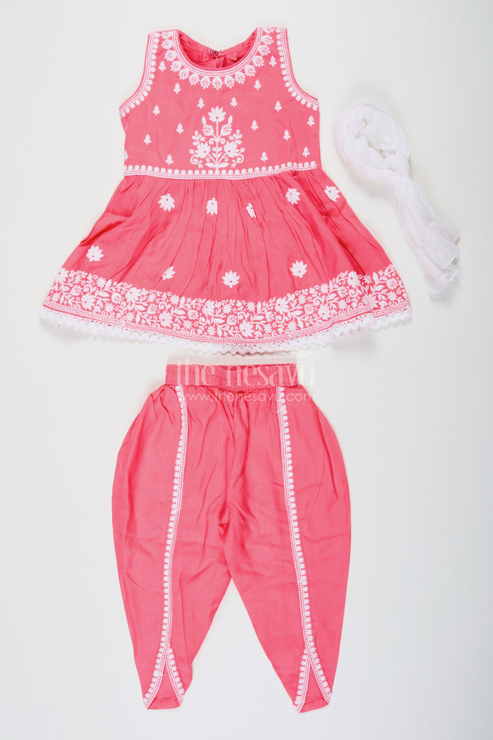 The Nesavu Girls Dothi Sets Girls Dark Pink Sharara Set with Rayon Thread Embroidery and White Dupatta for Ethnic Charm Nesavu Girls dark pink sharara Set White Thread Embroidery Dupatta Festive Elegance | The Nesavu