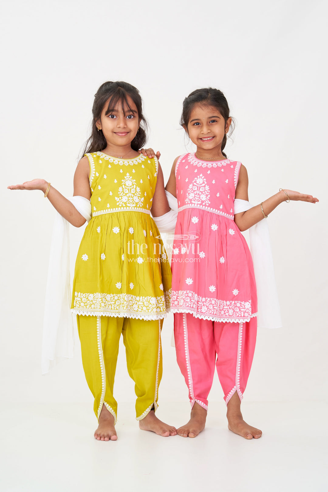 The Nesavu Girls Dothi Sets Girls Dark Pink Sharara Set with Rayon Thread Embroidery and White Dupatta for Ethnic Charm Nesavu Girls dark pink sharara Set White Thread Embroidery Dupatta Festive Elegance | The Nesavu