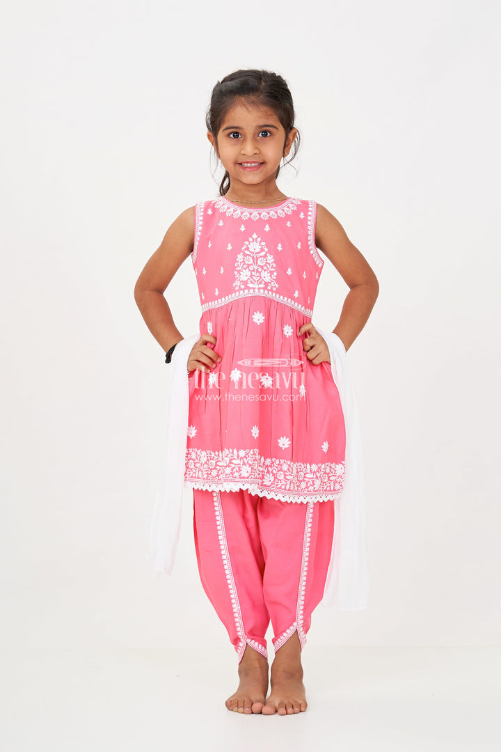 The Nesavu Girls Dothi Sets Girls Dark Pink Sharara Set with Rayon Thread Embroidery and White Dupatta for Ethnic Charm Nesavu Girls dark pink sharara Set White Thread Embroidery Dupatta Festive Elegance | The Nesavu